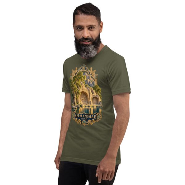 Military Green Kermanshah unisex t-shirt, front view with Taq-e Bostan Sasanian rock reliefs design