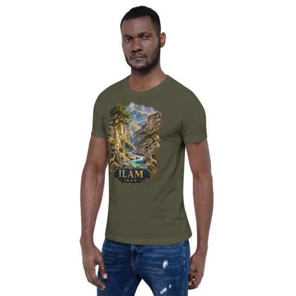 Military Green Ilam unisex t-shirt, front view with Razianeh Gorge in the Zagros Mountains design