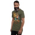 Military Green Hormozgan unisex t-shirt, front view with Portuguese Castle of Hormuz and the Persian Gulf design