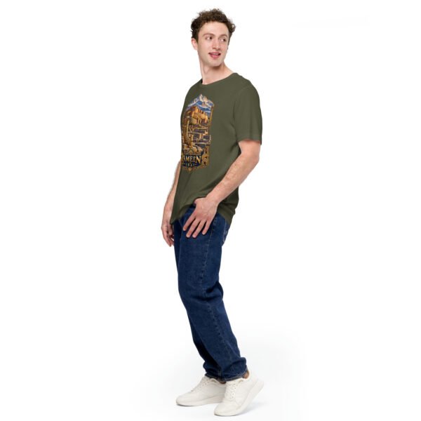 unisex-staple-t-shirt-military-green-left-front-6acbd9f3e14fa.jpg Military Green Hamedan unisex t-shirt, front view with Ganjnameh inscriptions and Mount Alvand design