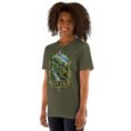 Military Green Gilan unisex t-shirt, front view with Rudkhan Castle in the Hyrcanian forest design