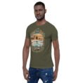Military Green Qom unisex t-shirt, front view with Deir-e Gachin caravanserai in the desert design