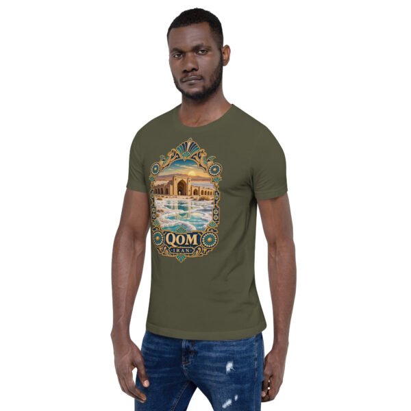 Military Green Qom unisex t-shirt, front view with Deir-e Gachin caravanserai in the desert design