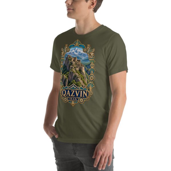 Military Green Qazvin unisex t-shirt, front view with Alamut Castle on its rocky Alborz cliff design
