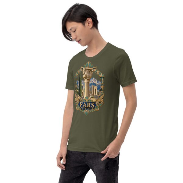 Military Green Fars unisex t-shirt, front view with Persepolis and Achaemenid columns design