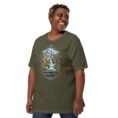 Military Green Chaharmahal and Bakhtiari unisex t-shirt, front view with Zard-Kuh and the Koohrang waterfall design