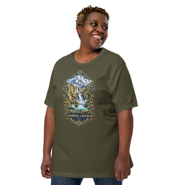 Military Green Chaharmahal and Bakhtiari unisex t-shirt, front view with Zard-Kuh and the Koohrang waterfall design