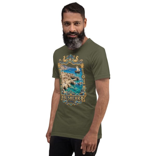 unisex-staple-t-shirt-military-green-left-front-6acbdde475e1b.jpg Military Green Bushehr unisex t-shirt, front view with ancient port of Siraf and the Persian Gulf design