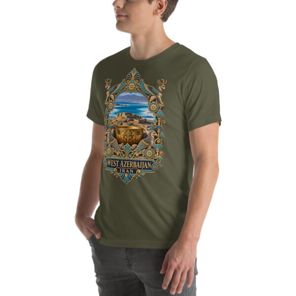 Military Green West Azerbaijan unisex t-shirt, front view with Lake Urmia and the ancient Hasanlu mound design