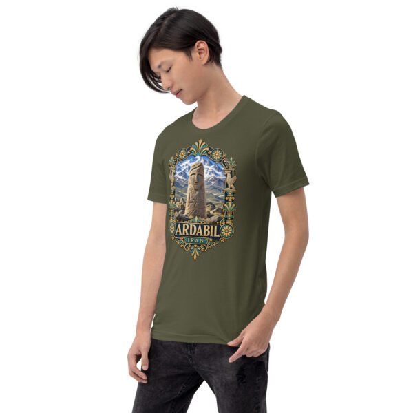Military Green Ardabil unisex t-shirt, front view with ancient Shahr-e Yeri stone figures and Mount Sabalan design