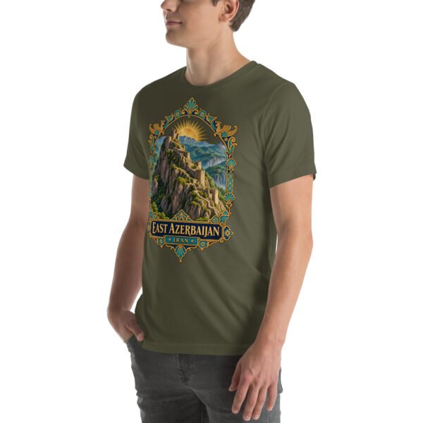 Military Green East Azerbaijan unisex t-shirt, front view with Babak Castle and the Arasbaran valleys design