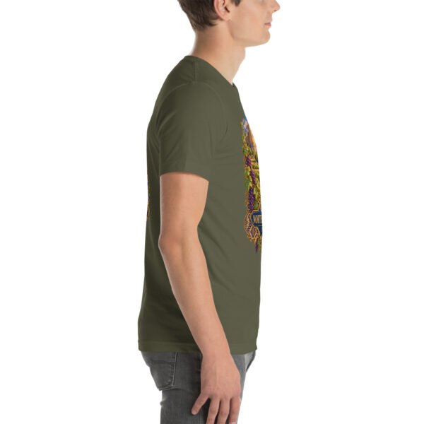 Military Green North Khorasan unisex t-shirt, with historic citadel of Shirvan and vineyards design