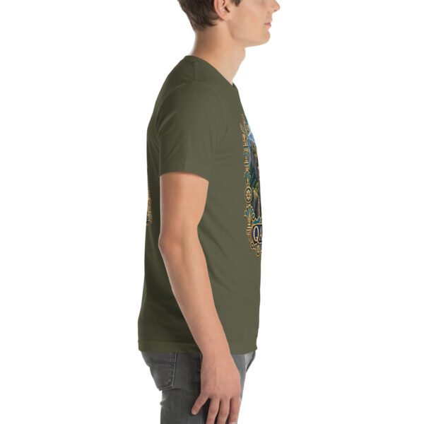 Military Green Qazvin unisex t-shirt, with Alamut Castle on its rocky Alborz cliff design