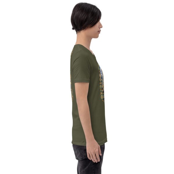 Military Green Ardabil unisex t-shirt, with ancient Shahr-e Yeri stone figures and Mount Sabalan design