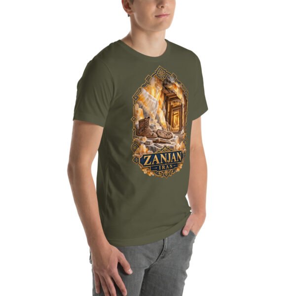 Military Green Zanjan unisex t-shirt, front view with Chehrabad salt mine and salt crystals design