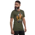 Military Green Yazd unisex t-shirt, front view with Narin Castle of Meybod and a traditional dovecote design