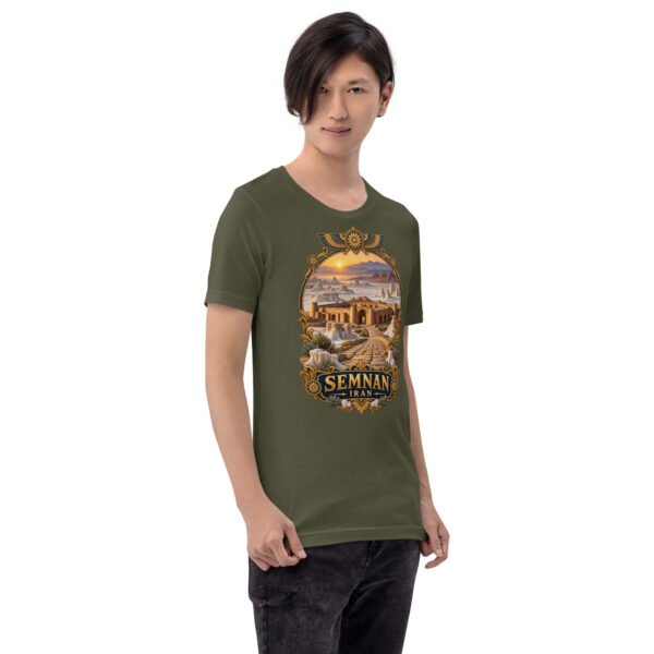 Military Green Semnan unisex t-shirt, front view with Qasr-e Bahram caravanserai in the Dasht-e Kavir design