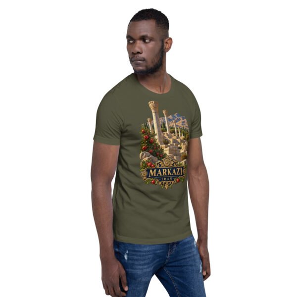 Military Green Markazi unisex t-shirt, front view with ancient columns of Khorheh design