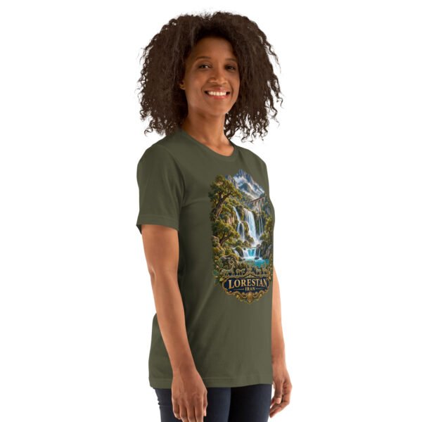 Military Green Lorestan unisex t-shirt, front view with Falak-ol-Aflak Castle in Khorramabad design