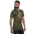 Military Green Kurdistan unisex t-shirt, front view with Ziwiye fortress and golden Mannaean motifs design
