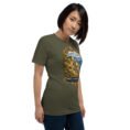 Military Green Kohgiluyeh and Boyer-Ahmad unisex t-shirt, front view with Tang-e Balqis gorge and Mount Dena design