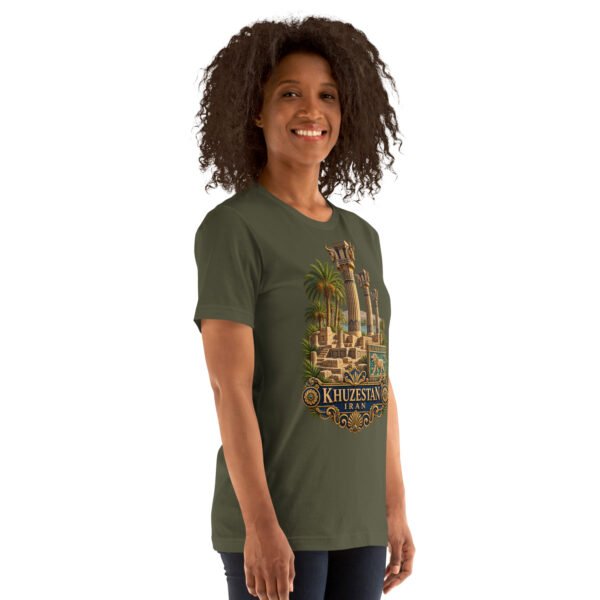 Military Green Khuzestan unisex t-shirt, front view with ancient Susa design