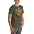 Military Green North Khorasan unisex t-shirt, front view with historic citadel of Shirvan and vineyards design