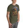 Military Green Khorasan Razavi unisex t-shirt, front view with Tomb of Ferdowsi in ancient Tus design
