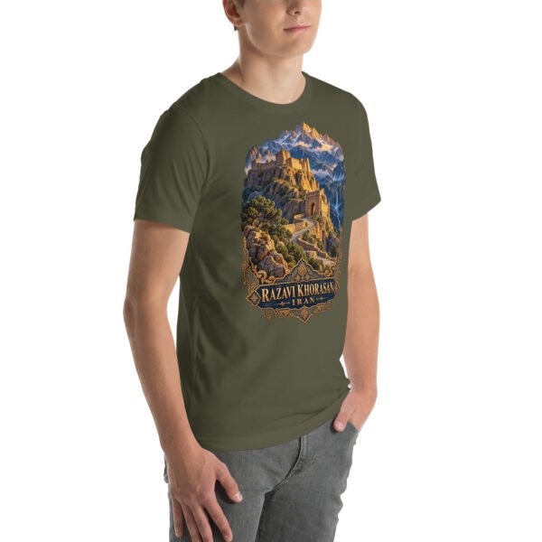 Military Green Khorasan Razavi unisex t-shirt, front view with Tomb of Ferdowsi in ancient Tus design