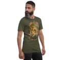 Military Green Kermanshah unisex t-shirt, front view with Taq-e Bostan Sasanian rock reliefs design