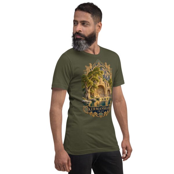 Military Green Kermanshah unisex t-shirt, front view with Taq-e Bostan Sasanian rock reliefs design