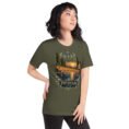 Military Green Isfahan unisex t-shirt, front view with Naqsh-e Jahan Square and Ali Qapu Palace design