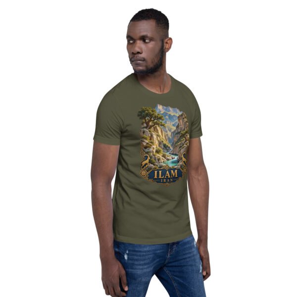 Military Green Ilam unisex t-shirt, front view with Razianeh Gorge in the Zagros Mountains design