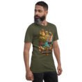 Military Green Hormozgan unisex t-shirt, front view with Portuguese Castle of Hormuz and the Persian Gulf design