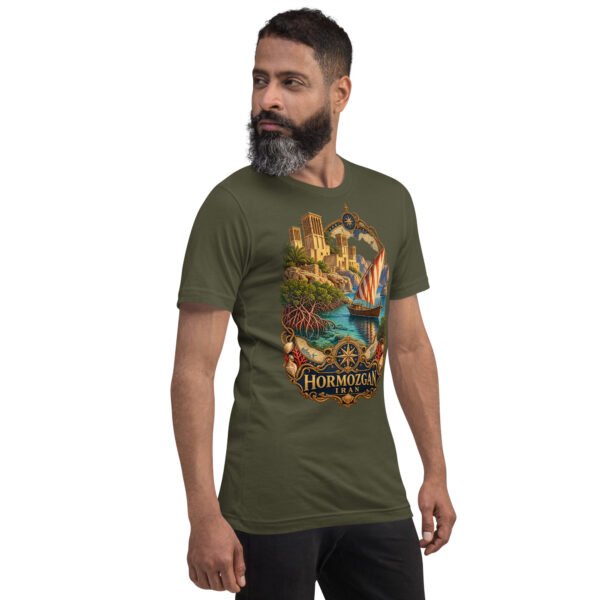 Military Green Hormozgan unisex t-shirt, front view with Portuguese Castle of Hormuz and the Persian Gulf design
