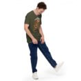 Military Green Hamedan unisex t-shirt, front view with Ganjnameh inscriptions and Mount Alvand design
