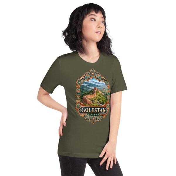 Military Green Golestan unisex t-shirt, front view with Sasanian Great Wall of Gorgan design