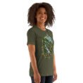 Military Green Gilan unisex t-shirt, front view with Rudkhan Castle in the Hyrcanian forest design