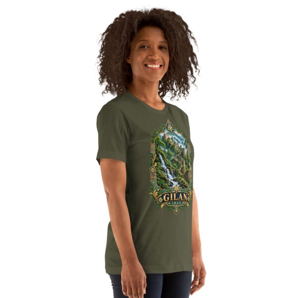 Military Green Gilan unisex t-shirt, front view with Rudkhan Castle in the Hyrcanian forest design