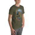 Military Green Qazvin unisex t-shirt, front view with Alamut Castle on its rocky Alborz cliff design