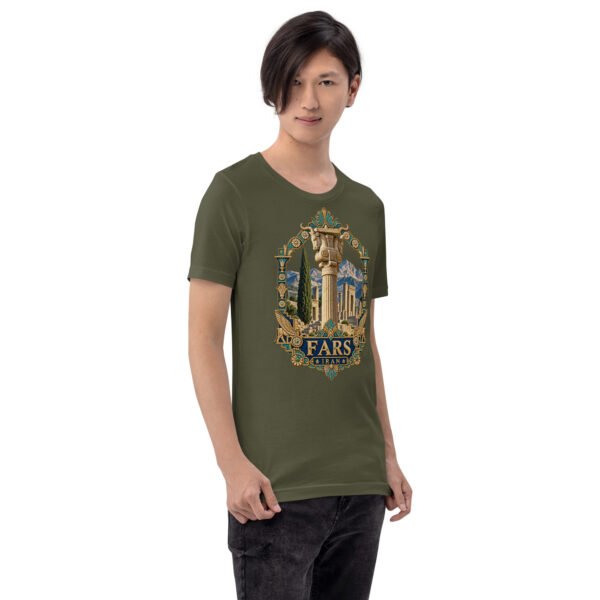 Military Green Fars unisex t-shirt, front view with Persepolis and Achaemenid columns design