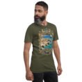 Military Green Bushehr unisex t-shirt, front view with ancient port of Siraf and the Persian Gulf design