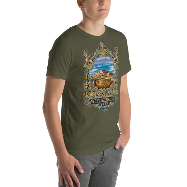 Military Green West Azerbaijan unisex t-shirt, front view with Lake Urmia and the ancient Hasanlu mound design