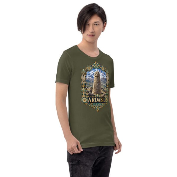 Military Green Ardabil unisex t-shirt, front view with ancient Shahr-e Yeri stone figures and Mount Sabalan design