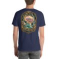 Navy Zanjan unisex t-shirt, back view with Katale Khor cave and the colorful mountains of Mahneshan design