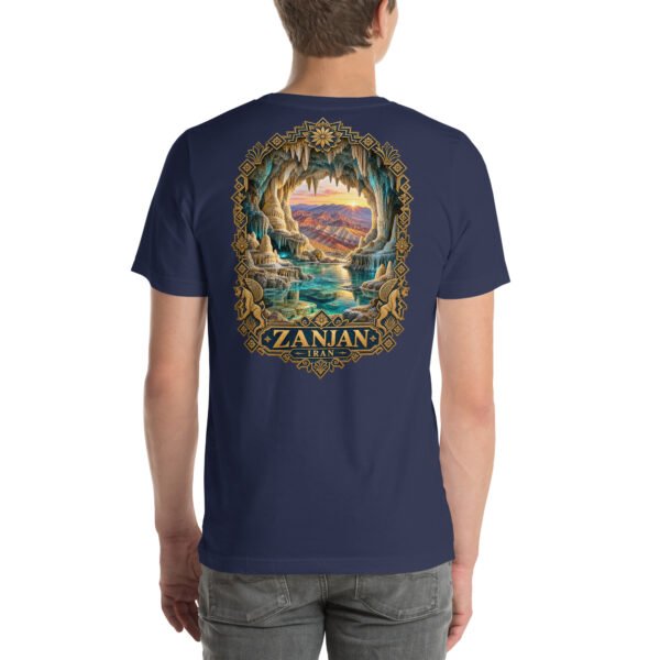 Navy Zanjan unisex t-shirt, back view with Katale Khor cave and the colorful mountains of Mahneshan design