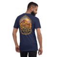 Navy Yazd unisex t-shirt, back view with Dowlatabad Garden windcatcher and Persian garden design