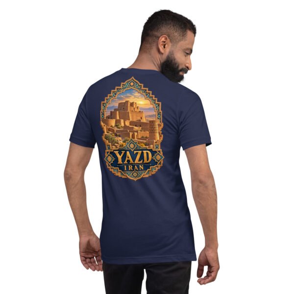 Navy Yazd unisex t-shirt, back view with Dowlatabad Garden windcatcher and Persian garden design