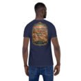 Navy Sistan and Baluchestan unisex t-shirt, back view with Makran coast and the miniature mountains of Chabahar design