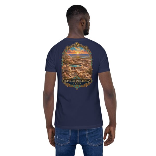 Navy Sistan and Baluchestan unisex t-shirt, back view with Makran coast and the miniature mountains of Chabahar design